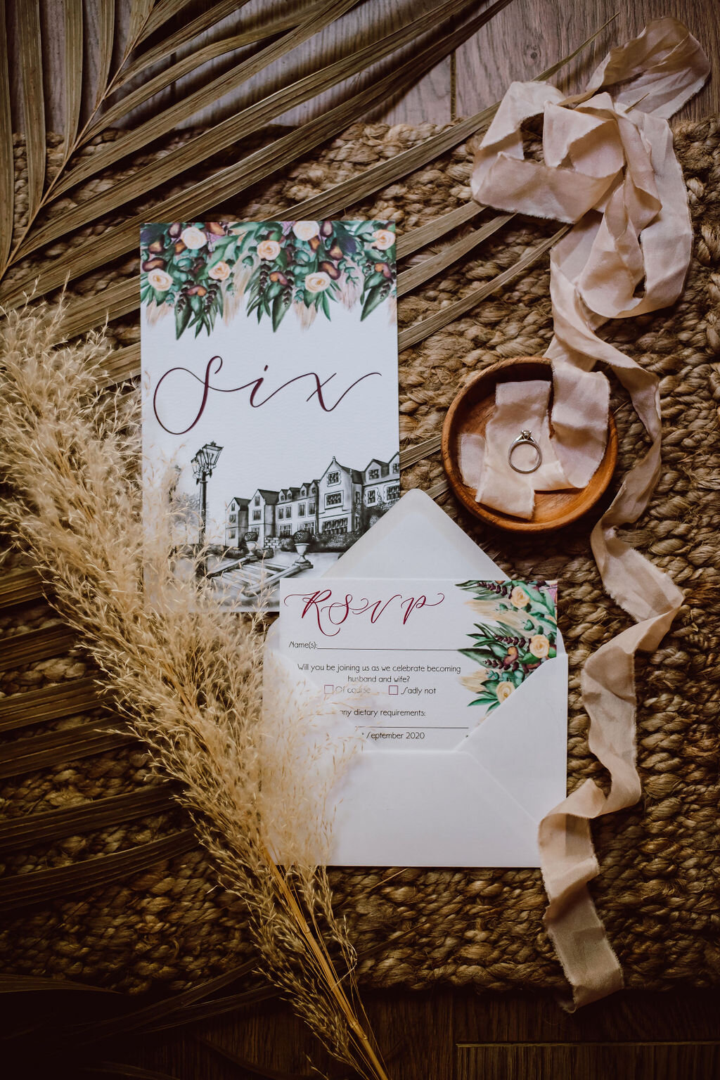 South Lodge hotel boho wedding burgundy table number and RSVP card venue illustration, calligraphy and painted florals, pampass grass, thistles and roses..jpg