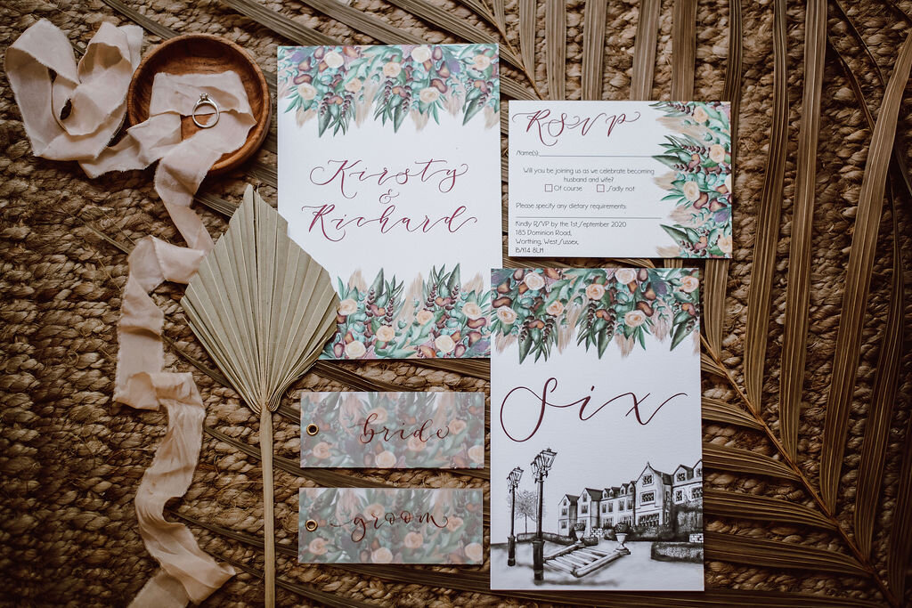 South Lodge hotel boho wedding stationery suite with venue illustration, calligraphy and painted florals, pampass grass, thistles and roses  The Amyverse.jpg