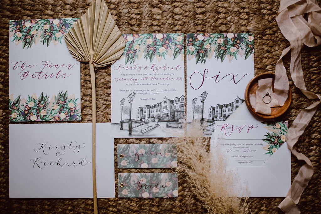 South Lodge hotel boho wedding stationery suite with venue illustration, calligraphy and painted florals, pampass grass, thistles and roses..jpg