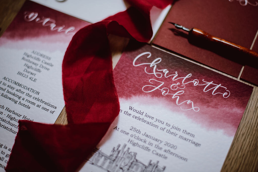 Burgundy watercolour and Highcliff castle illustration wedding wedding invitation suite with matching rsvp card - Calligraphy.jpg