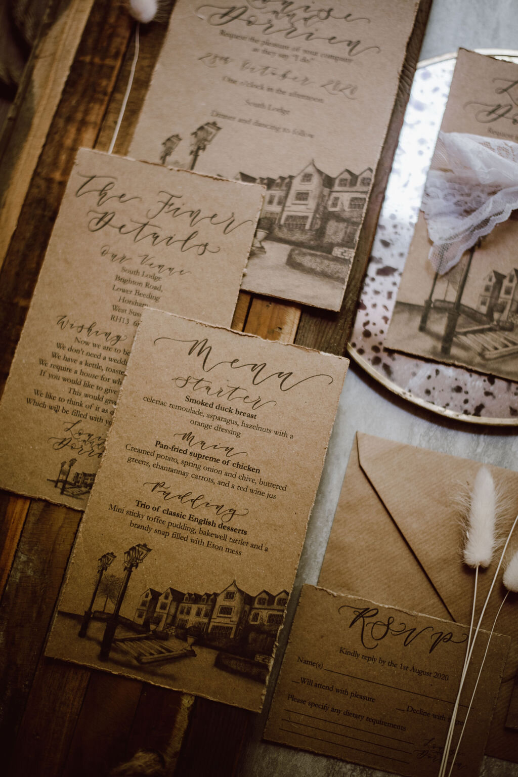 details cards Rustic recycled paper wedding stationery suite by The Amyverse for South Lodge including calligraphy, venue illustration and kraft paper.jpg