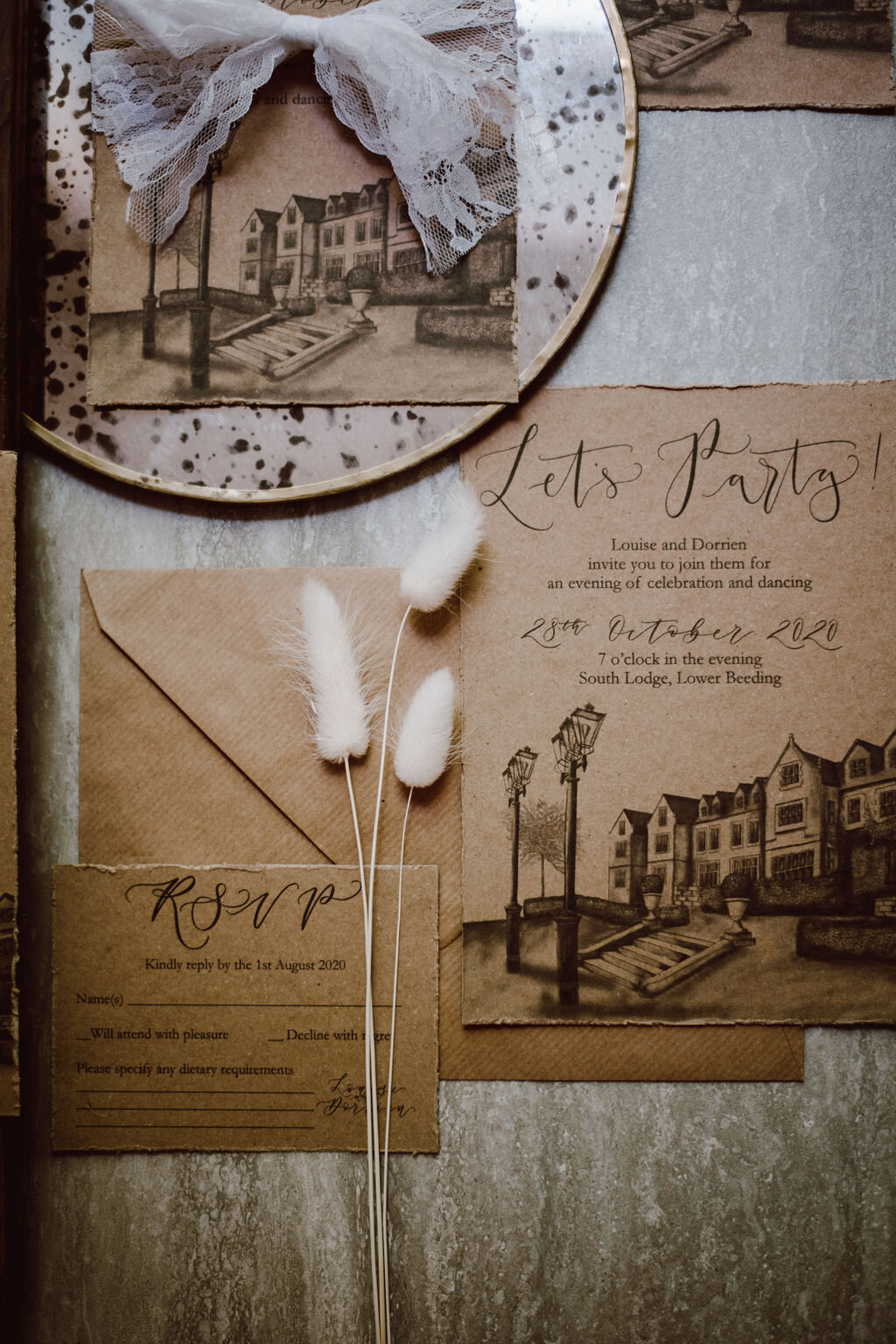 Evening invitation and RSVP - Rustic recycled paper wedding stationery suite by The Amyverse for South Lodge including calligraphy, venue illustration and kraft paper.jpg