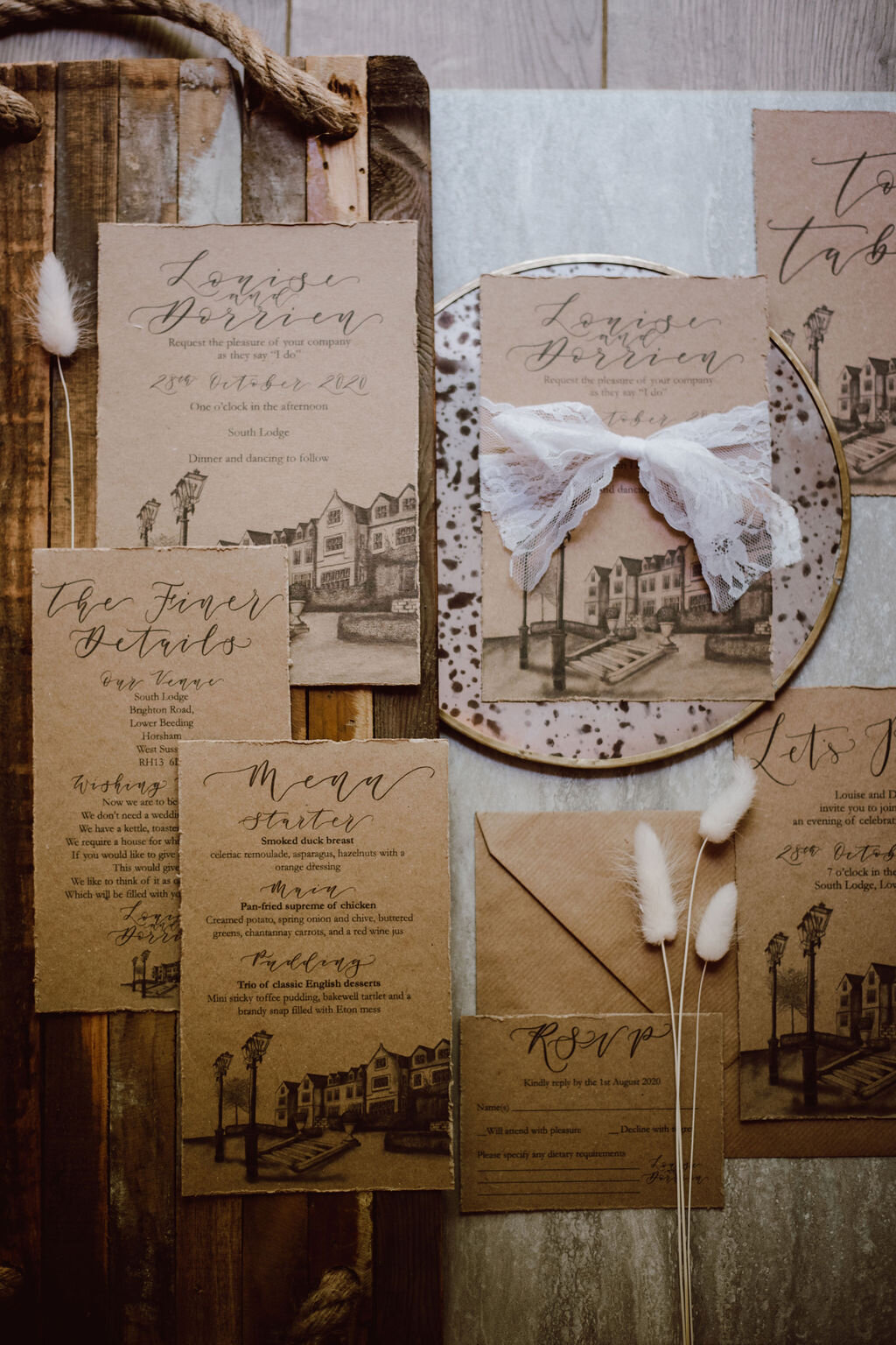 Rustic recycled paper wedding stationery suite by The Amyverse for South Lodge including calligraphy, venue illustration and kraft paper.jpg