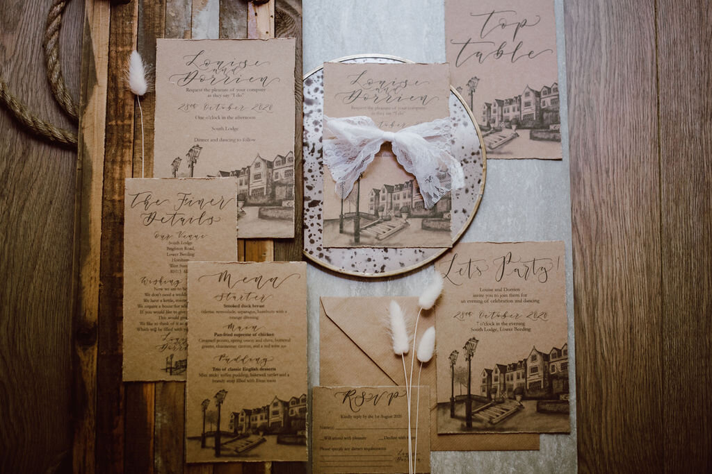 Rustic recycled paper wedding stationery suite by The Amyverse for South Lodge including calligraphy, venue illustration, kraft paper ad white lace.jpg