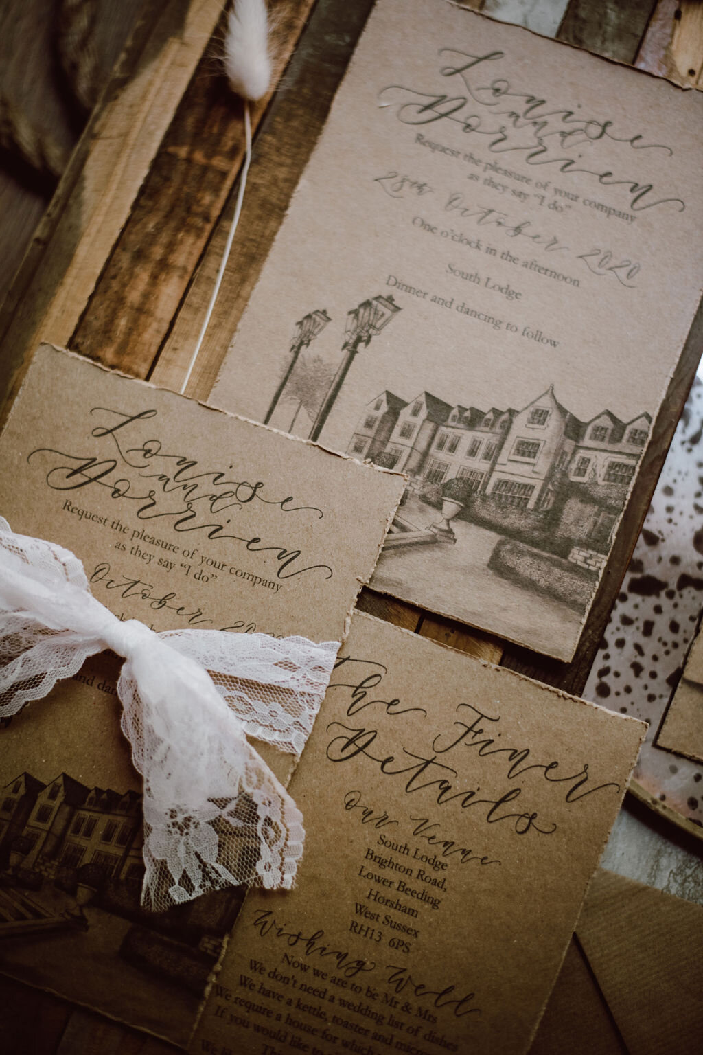 Vintage rustic recycled paper wedding stationery suite by The Amyverse for South Lodge including calligraphy, venue illustration and kraft paper.jpg