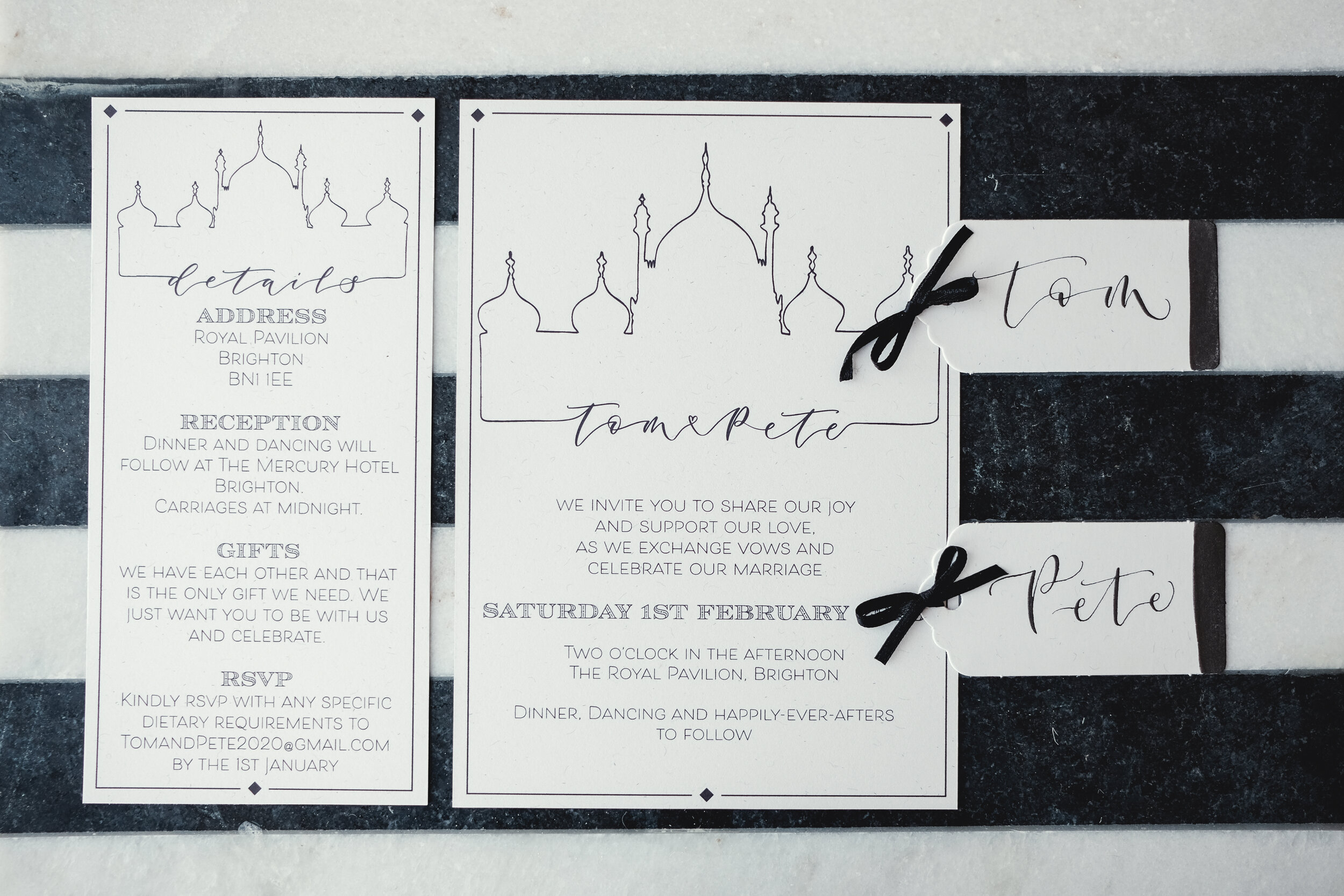 Monochrome minimalist wedding stationery - Brighton Pavilion invitations with black calligraphy place cards by The Amyverse.jpg