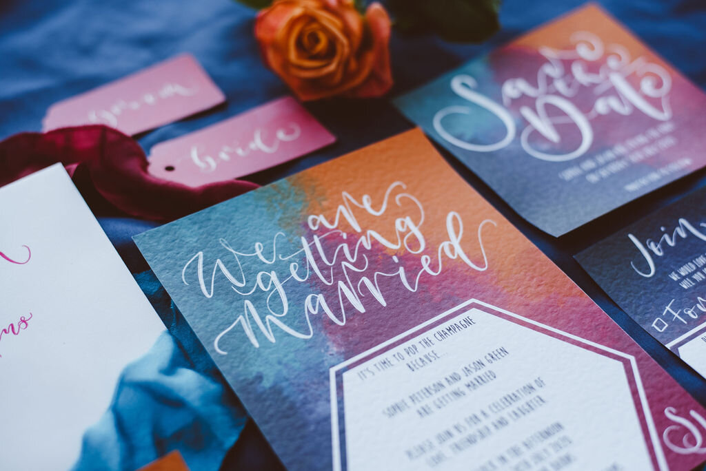 Hot pink, teal and orange modern wedding stationery suite and calligraphy placecards for a colourful rainbow wedding - festival wedding invite.jpg