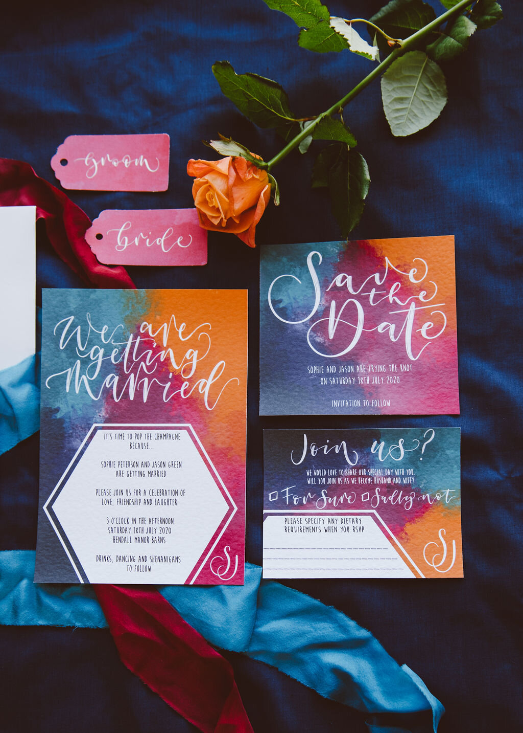 Hot pink, teal and orange modern wedding stationery suite and calligraphy placecards for a colourful rainbow wedding by The Amyverse - fesitval style.jpg