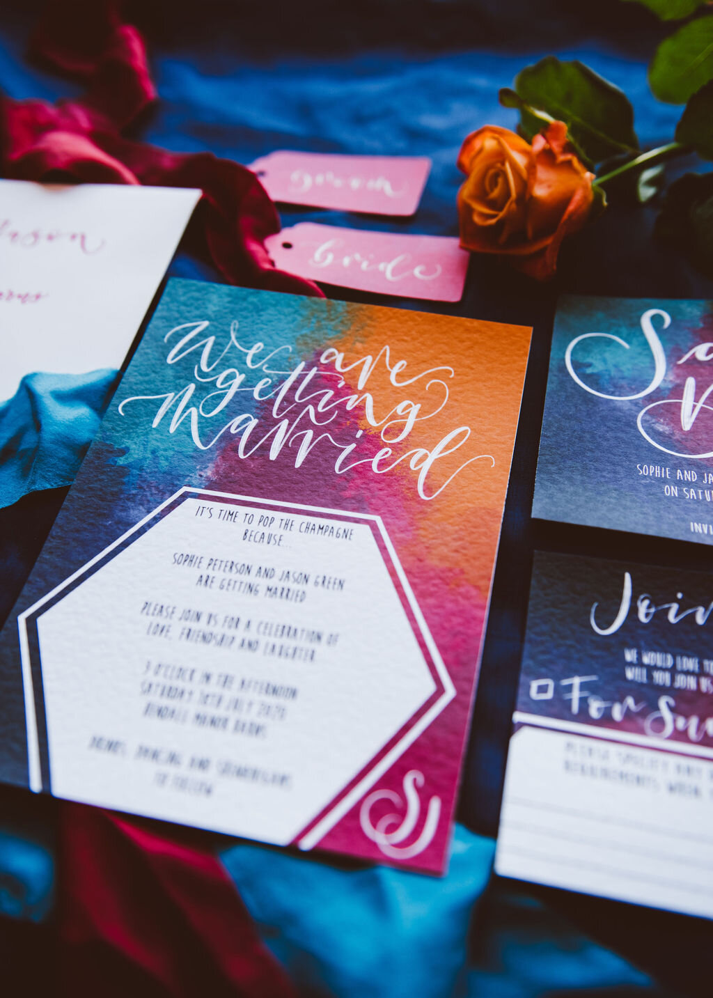 Hot pink, teal and orange modern wedding stationery suite and calligraphy placecards for a colourful rainbow wedding by The Amyverse - fesitval wedding (1).jpg