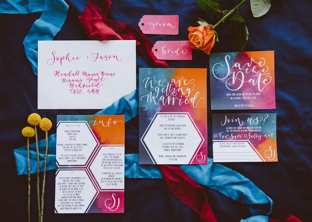 Hot pink, teal and orange modern wedding stationery suite and calligraphy placecards for a colourful rainbow wedding by The Amyverse - fesitval wedding (4).jpg
