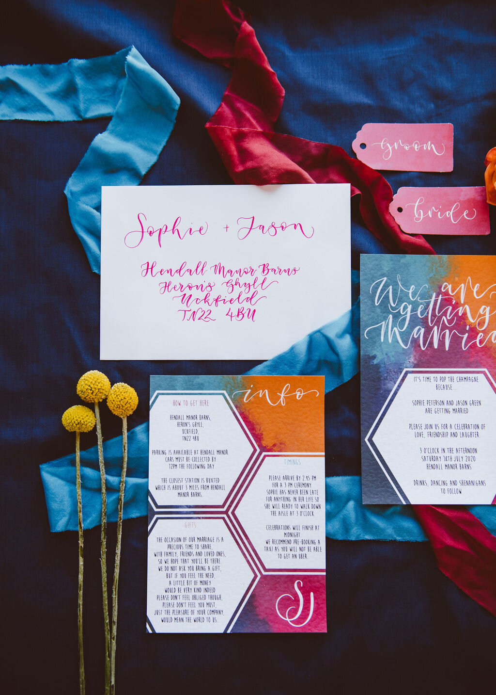 Hot pink, teal and orange modern wedding stationery suite and calligraphy placecards for a colourful rainbow wedding by The Amyverse - fesitval wedding (3).jpg