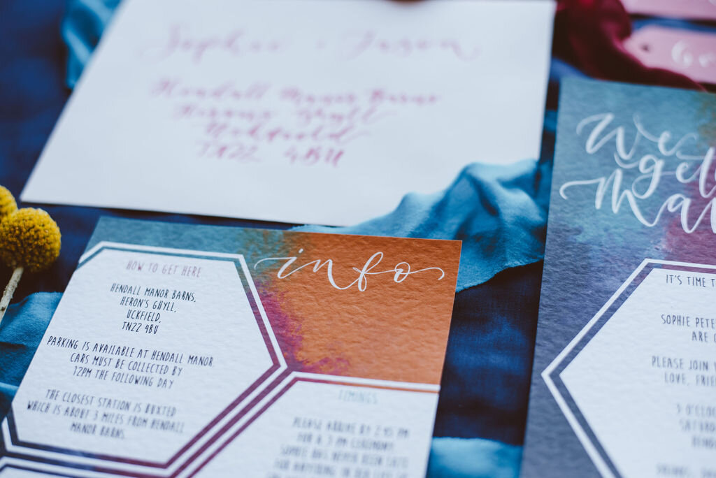 Hot pink, teal and orange modern wedding stationery suite and calligraphy placecards for a colourful rainbow wedding by The Amyverse - modern fesitival.jpg
