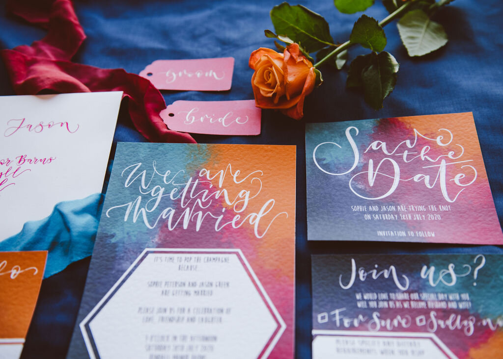 Hot pink, teal and orange modern wedding stationery suite and calligraphy placecards for a colourful rainbow wedding by The Amyverse - fesitval wedding.jpg