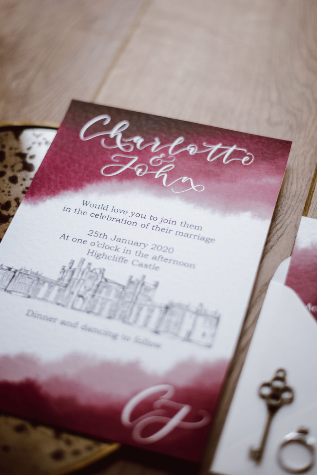 Burgundy watercolour and Highcliff castle illustration wedding wedding invitation - venue drawing and calligraphy.jpg