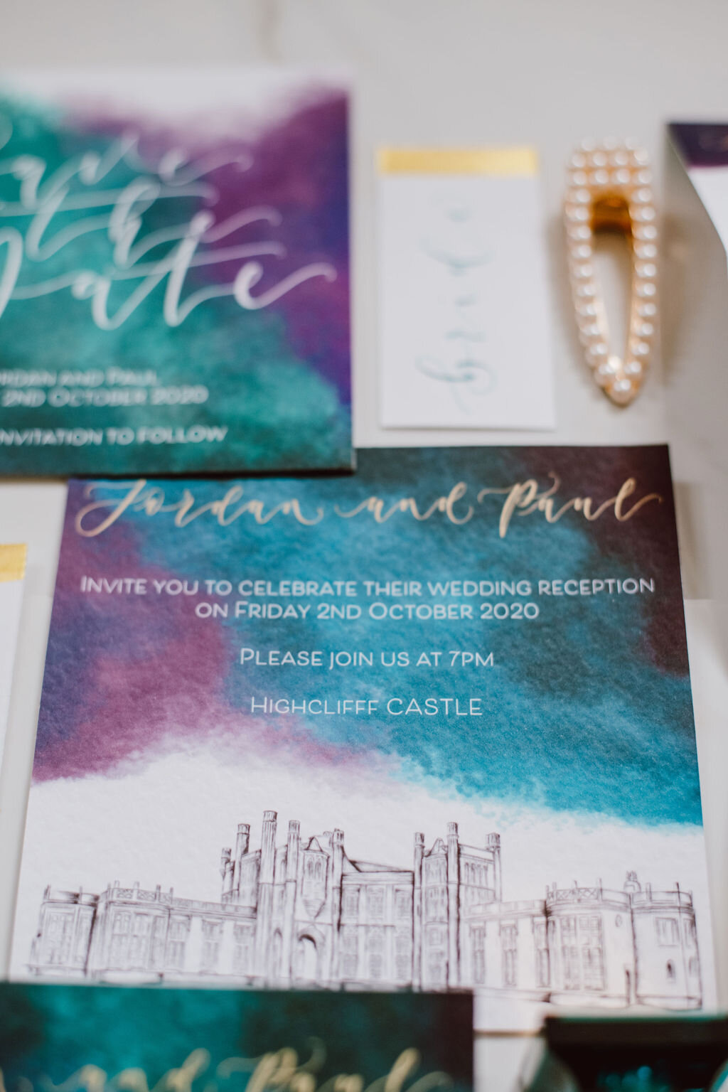 evening invitation Highcliff castle teal, purple and gold watercolour concertina invitations with calligraphy and venue illustration with matching rsvp and save the d.jpg
