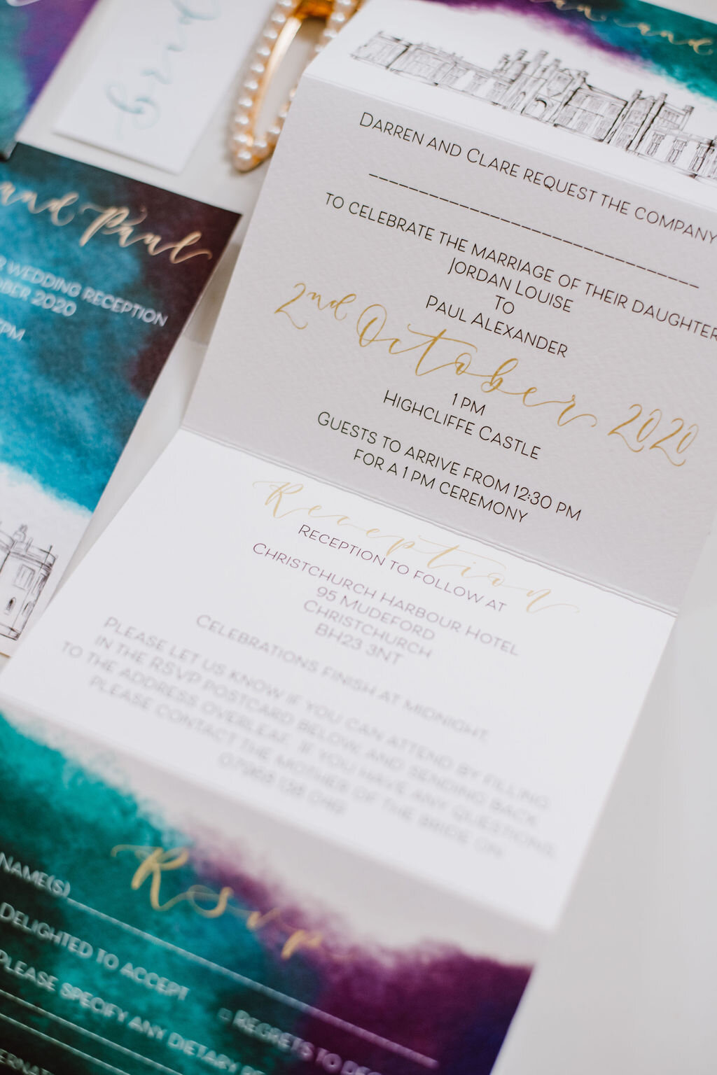 Highcliff castle teal, purple and gold watercolour concertina invitations with calligraphy and venue illustration  - information card.jpg