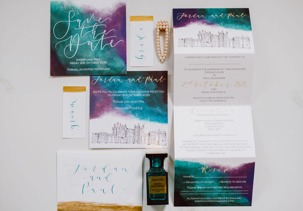 Highcliff castle teal, purple and gold watercolour concertina invitations with calligraphy and venue illustration by The Amyverse.jpg