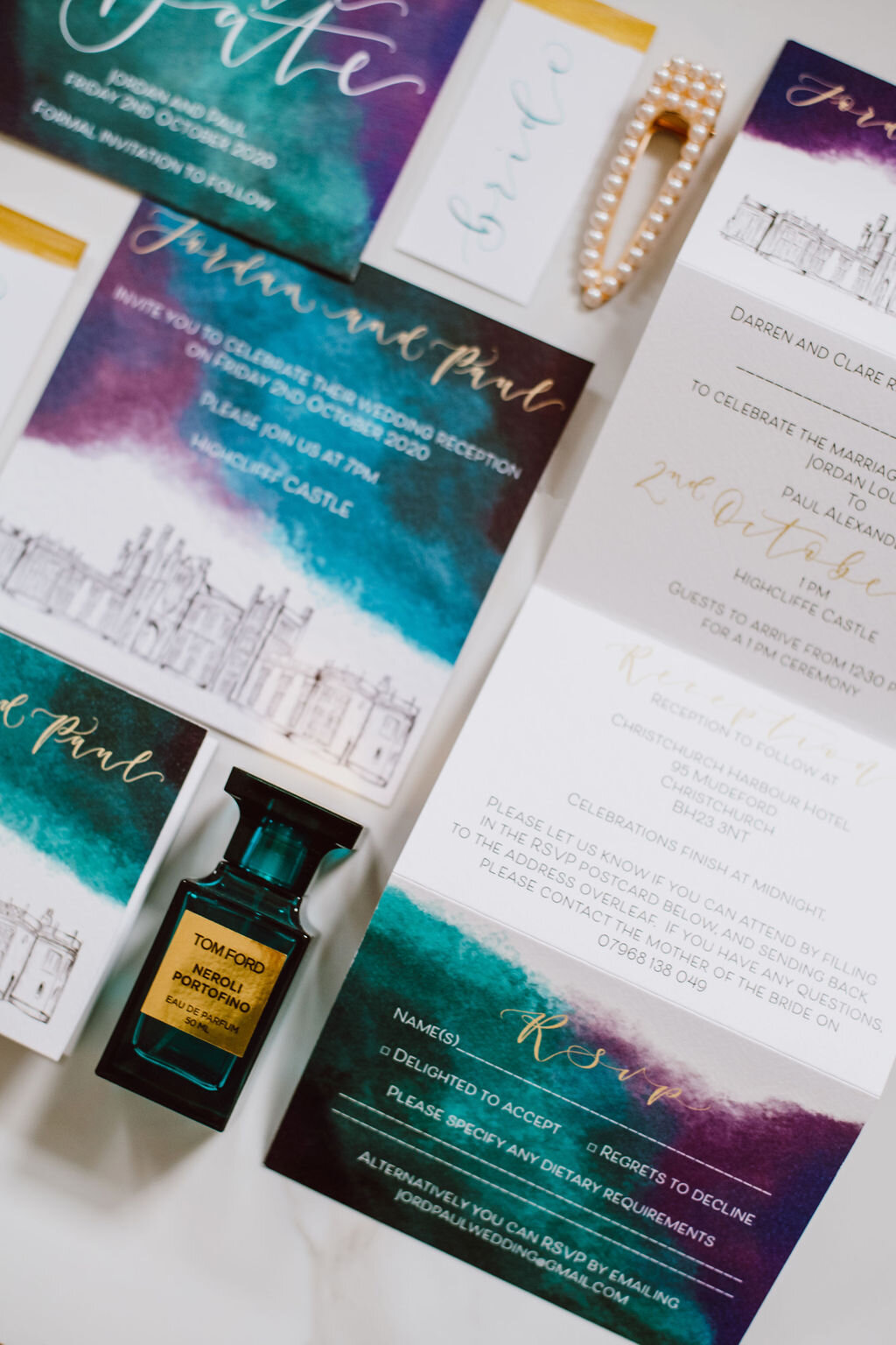 Highcliff castle teal, purple and gold watercolour concertina invitations with calligraphy and venue illustration with matching rsvp and save the date - modern invite.jpg