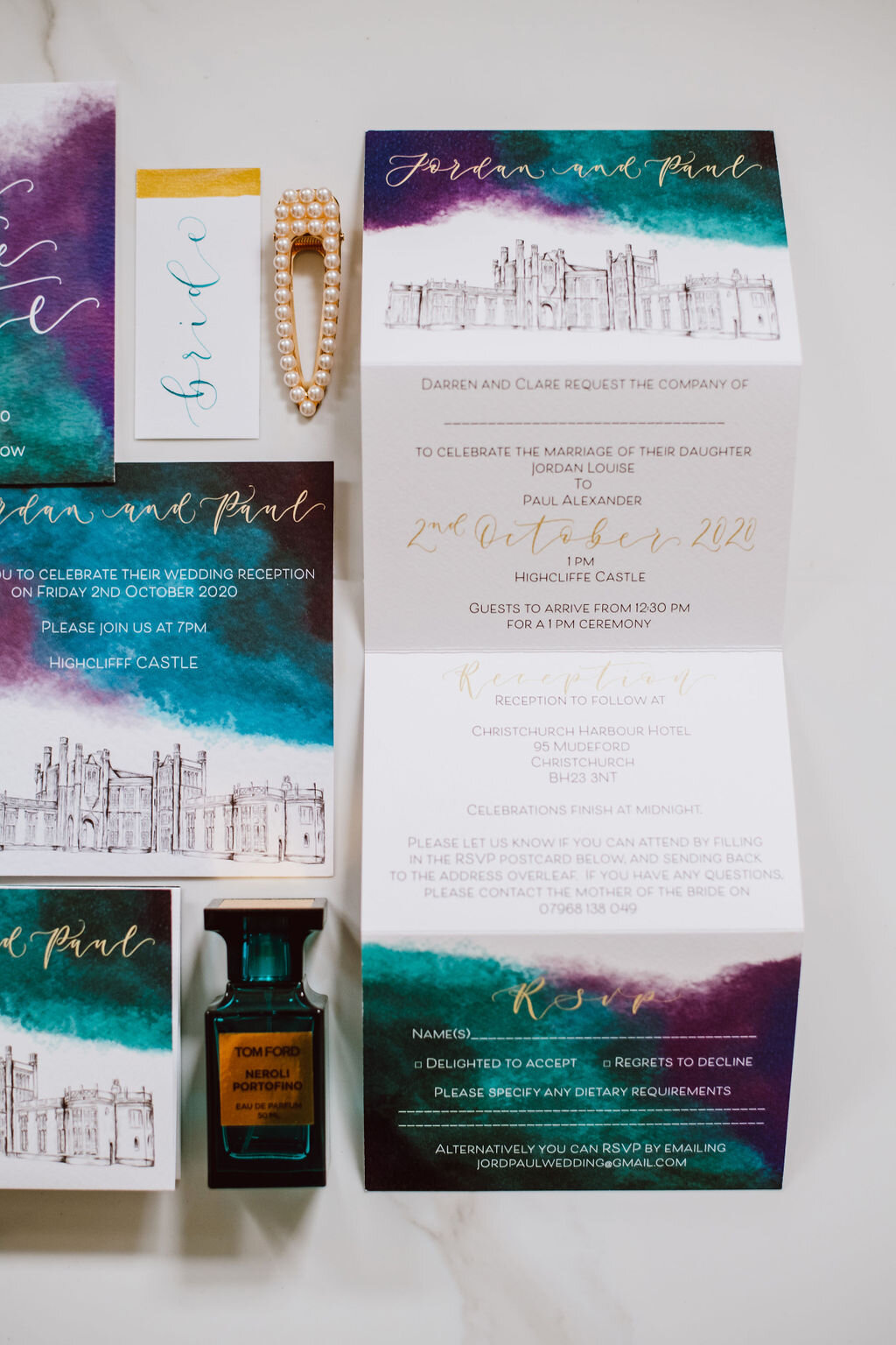 Highcliff castle teal, purple and gold watercolour concertina invitations with calligraphy and venue illustration with matching rsvp and save the date - rsvp card.jpg
