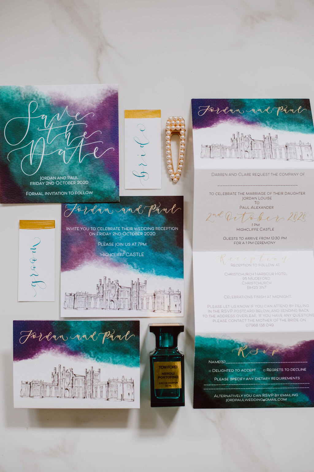 Highcliff castle teal, purple and gold watercolour concertina invitations with calligraphy and venue illustration with matching rsvp and save the date and place cards.jpg