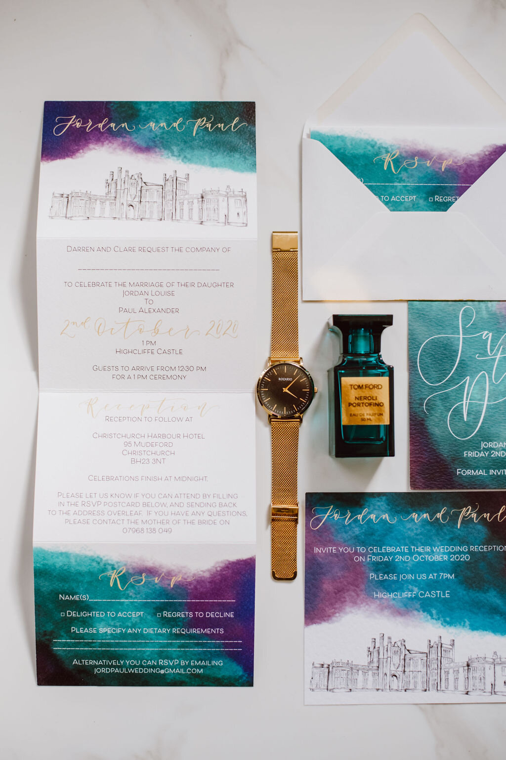 Highcliff castle teal, purple and gold watercolour concertina invitations with calligraphy and venue illustration with matching rsvp and save the date.jpg