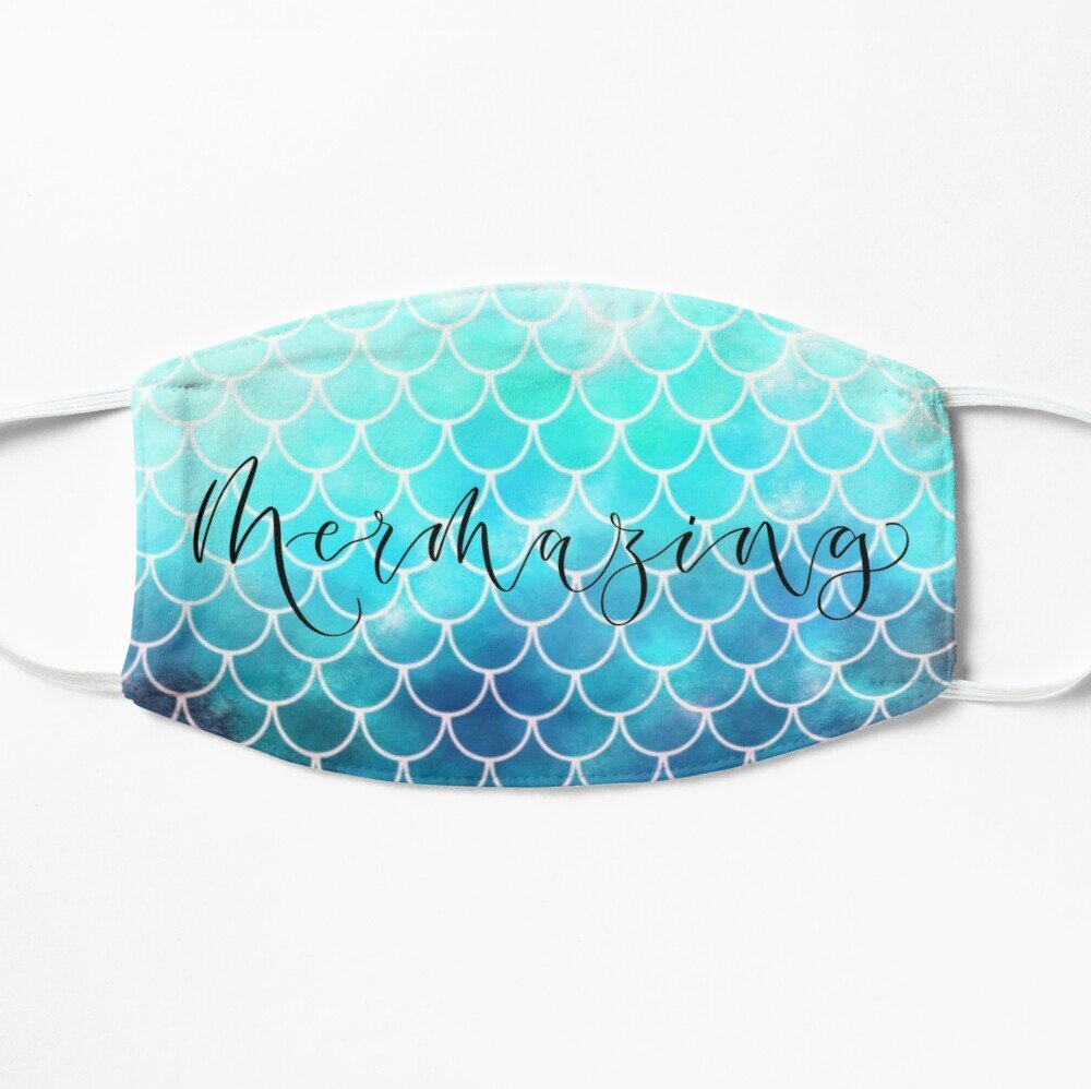 Mermazing face mask - teal blue and white mermaid scale pattern with calligraphy