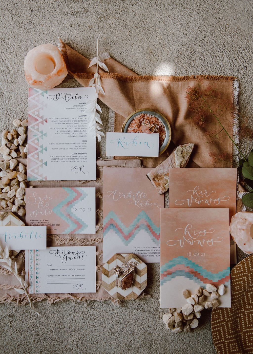 Nojavo desert stationery suite with teal, nude and blush pink, modern calligraphy and watercolour details and pattern. Modern invitations.jpg