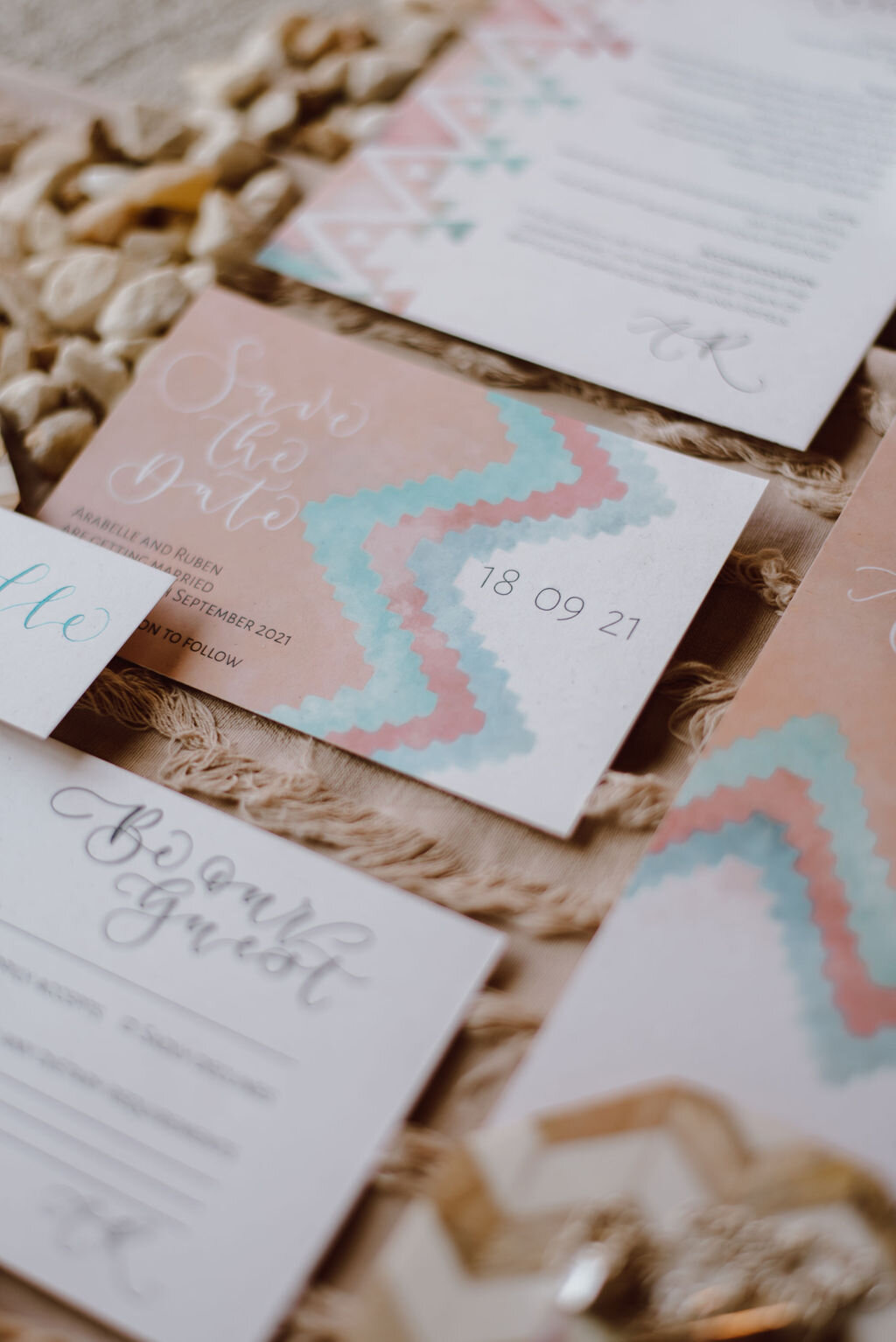 Nojavo desert stationery suite with teal, nude and blush pink, modern calligraphy and watercolour details and pattern. Modern invitations - save the date card.jpg