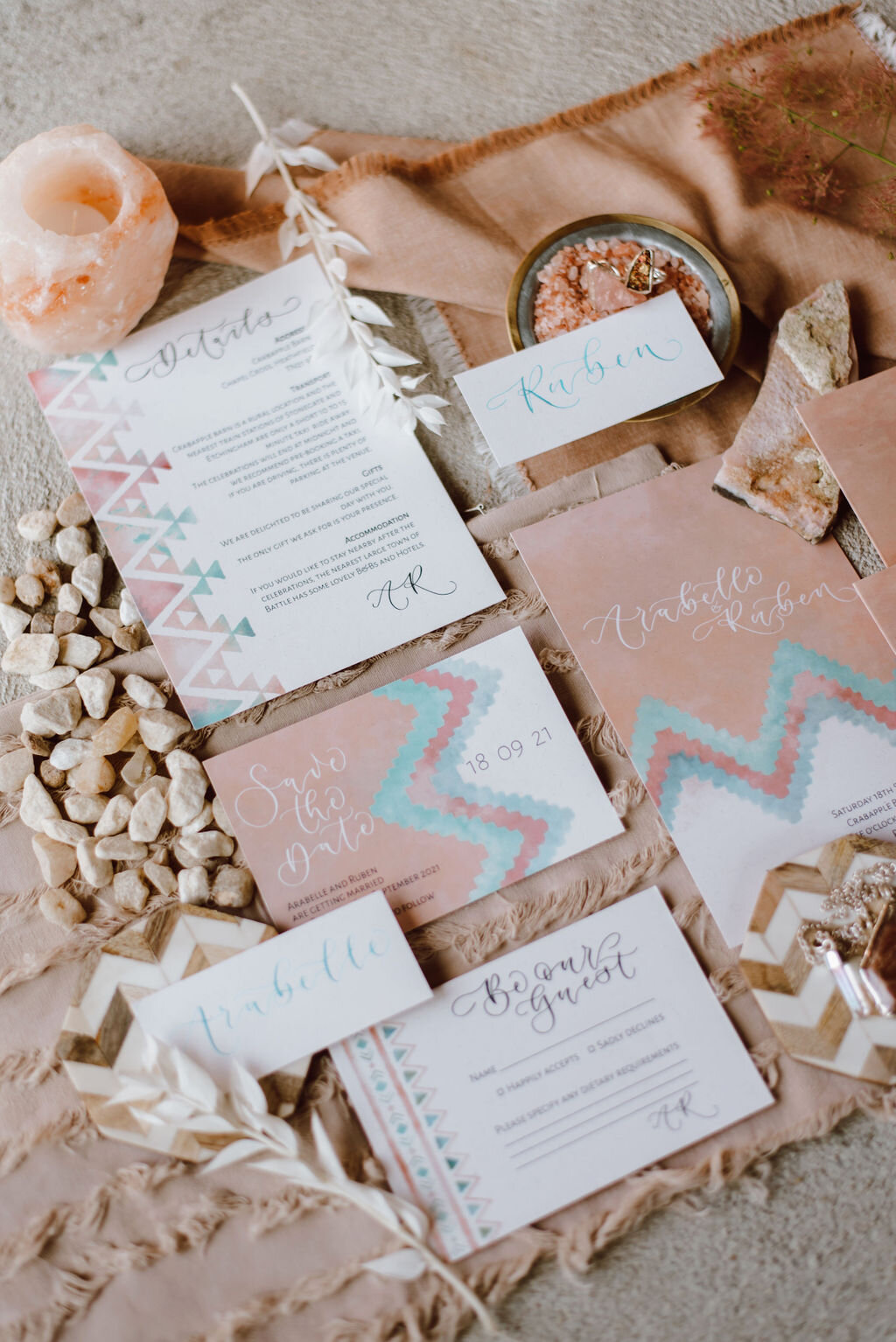 Nojavo desert stationery suite with teal, nude and blush pink, modern calligraphy and watercolour details and pattern. Modern invites.jpg