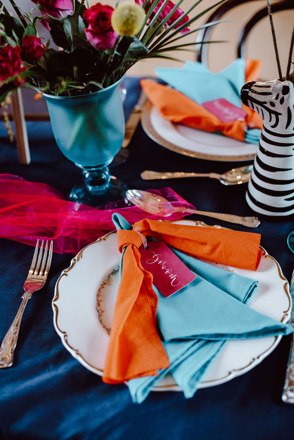 Hot pink, teal and orange modern calligraphy placecards for a colourful rainbow wedding by The Amyverse.jpg
