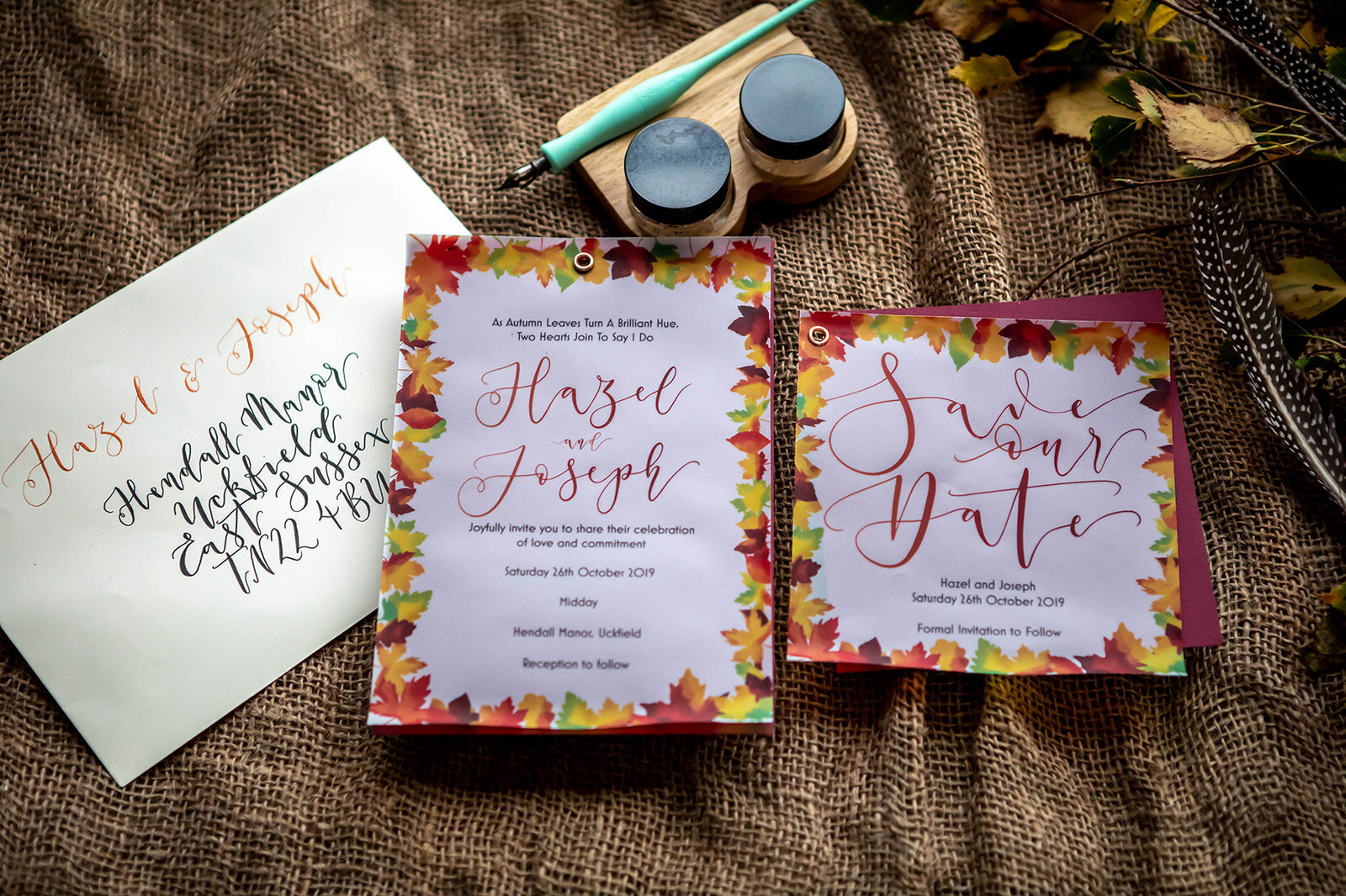 Autmn leaves save the date and invitation - watercolour and calligraphy invitation suite with calligraphy envelope.jpg