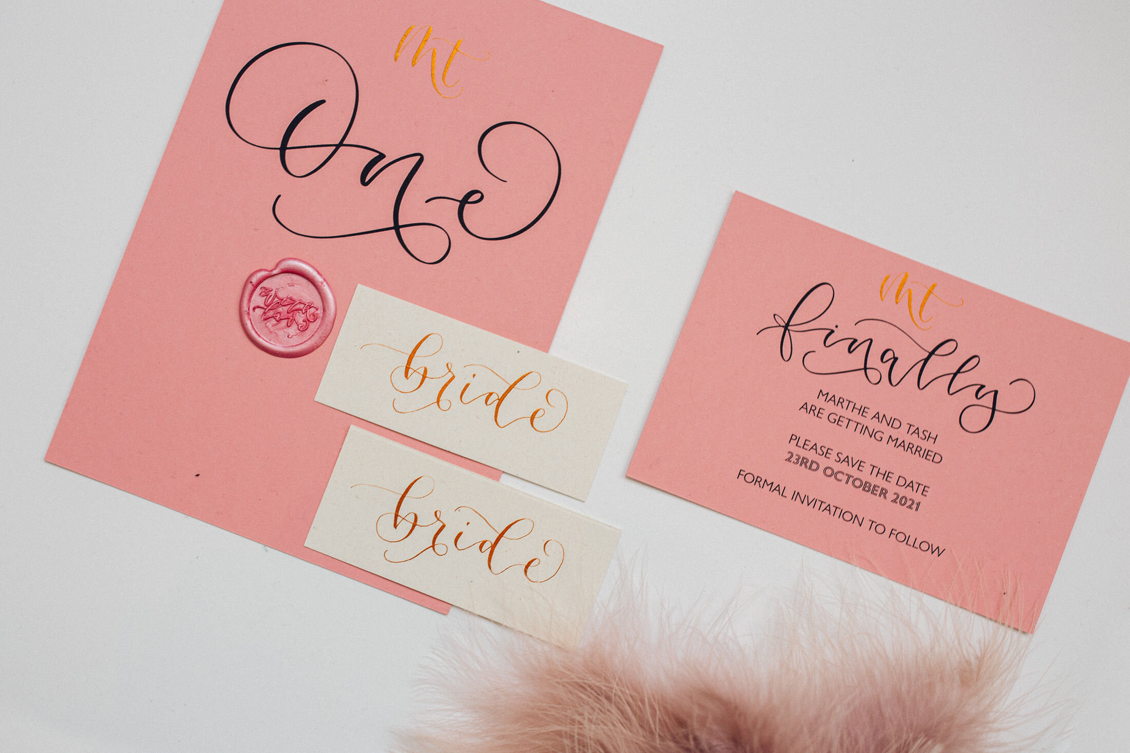 Pink and copper eco friendly wedding stationery created with blush pink recycled paper with modern calligraphy and deckled edge 2.jpg