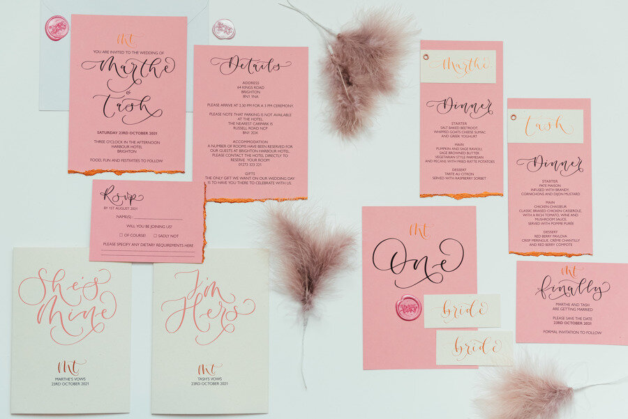 Pink and copper eco friendly wedding stationery created with blush pink recycled paper with modern calligraphy and deckled edge full suite with table numbers, menus, place cards, bow books and invitation set.jpg