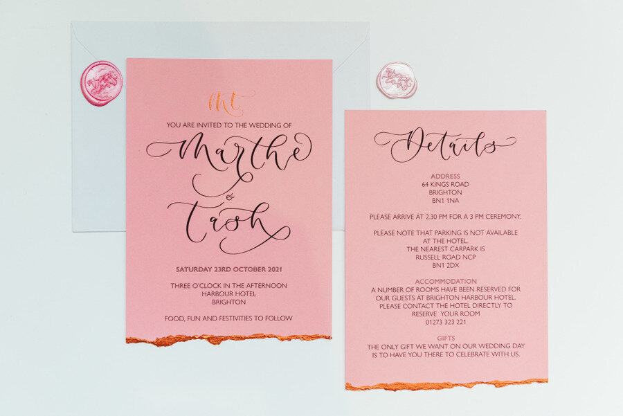 Pink and copper eco friendly wedding stationery created with blush pink recycled paper with modern calligraphy and deckled edge.jpg