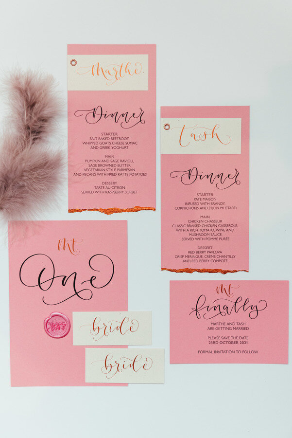 Pink and copper eco friendly wedding stationery created with blush pink recycled paper with modern calligraphy and deckled edge (2).jpg