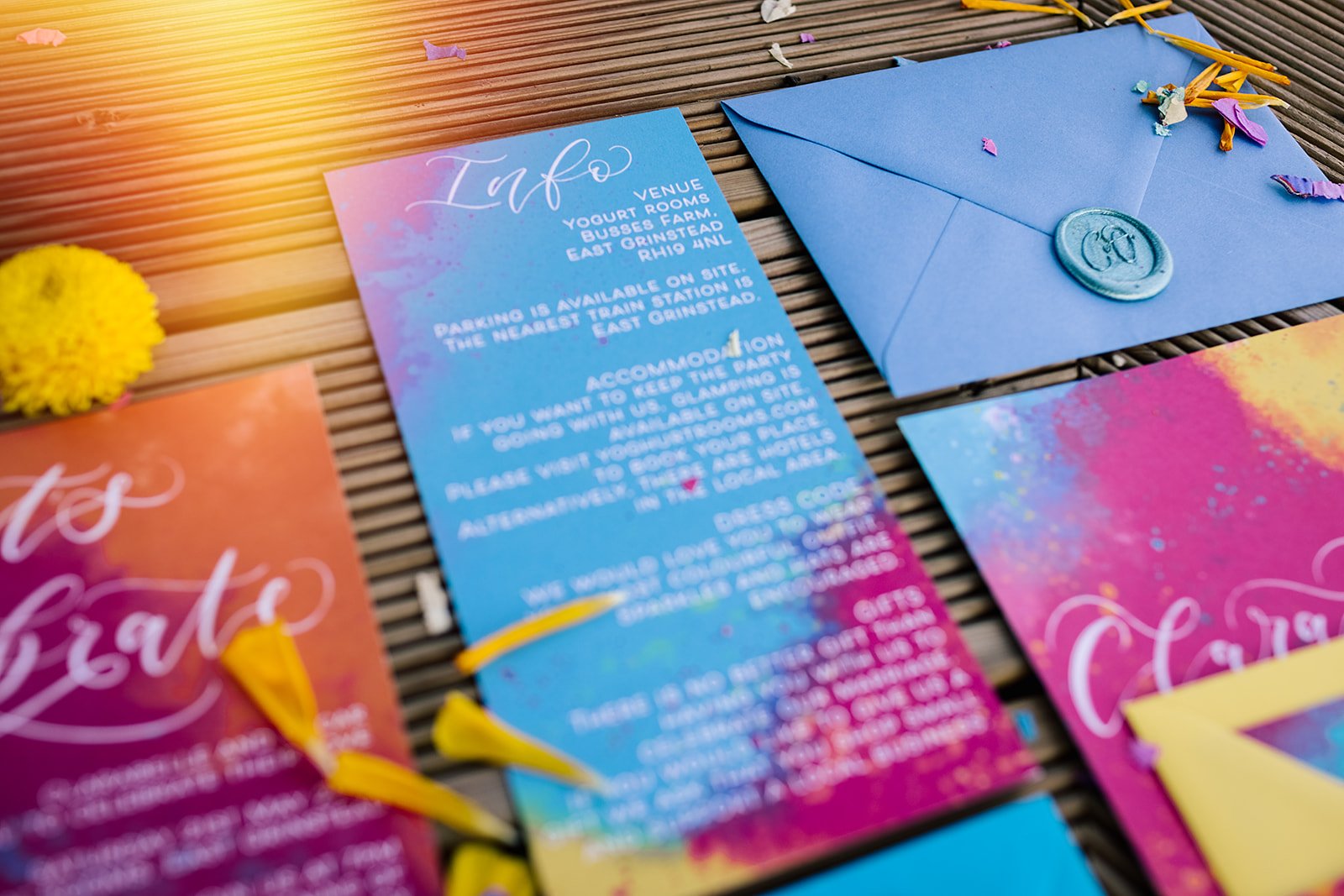 Festival wedding stationery information card watercolour wedding stationery with hot pink orange and blue,calligraphy, custom wax seals and calligraphy envelopes.jpg