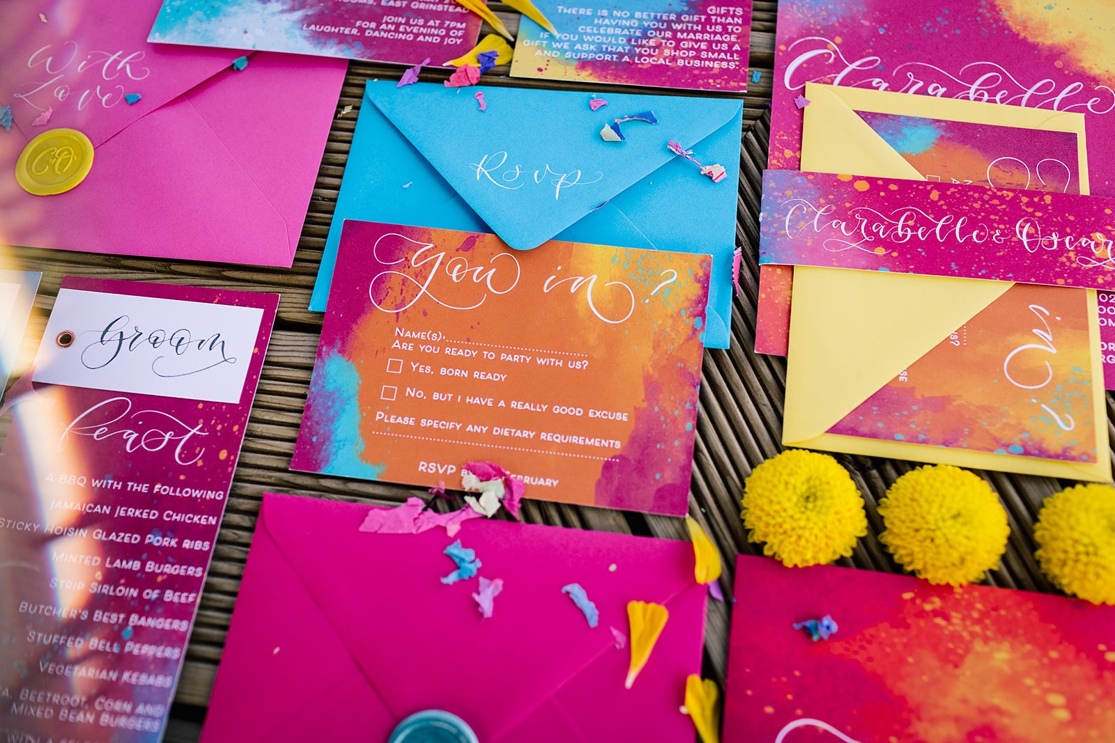 Festival wedding stationery watercolour wedding stationery with hot pink orange and blue,calligraphy, custom wax seals and calligraphy envelopes you in rsvp card.jpg