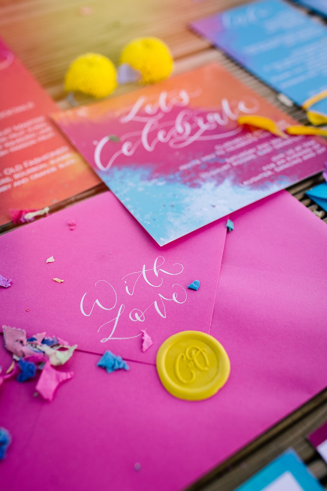 Festival wedding stationery watercolour wedding stationery with hot pink orange and blue,calligraphy, custom wax seals and calligraphy envelopes initial monogram wax seal.jpg