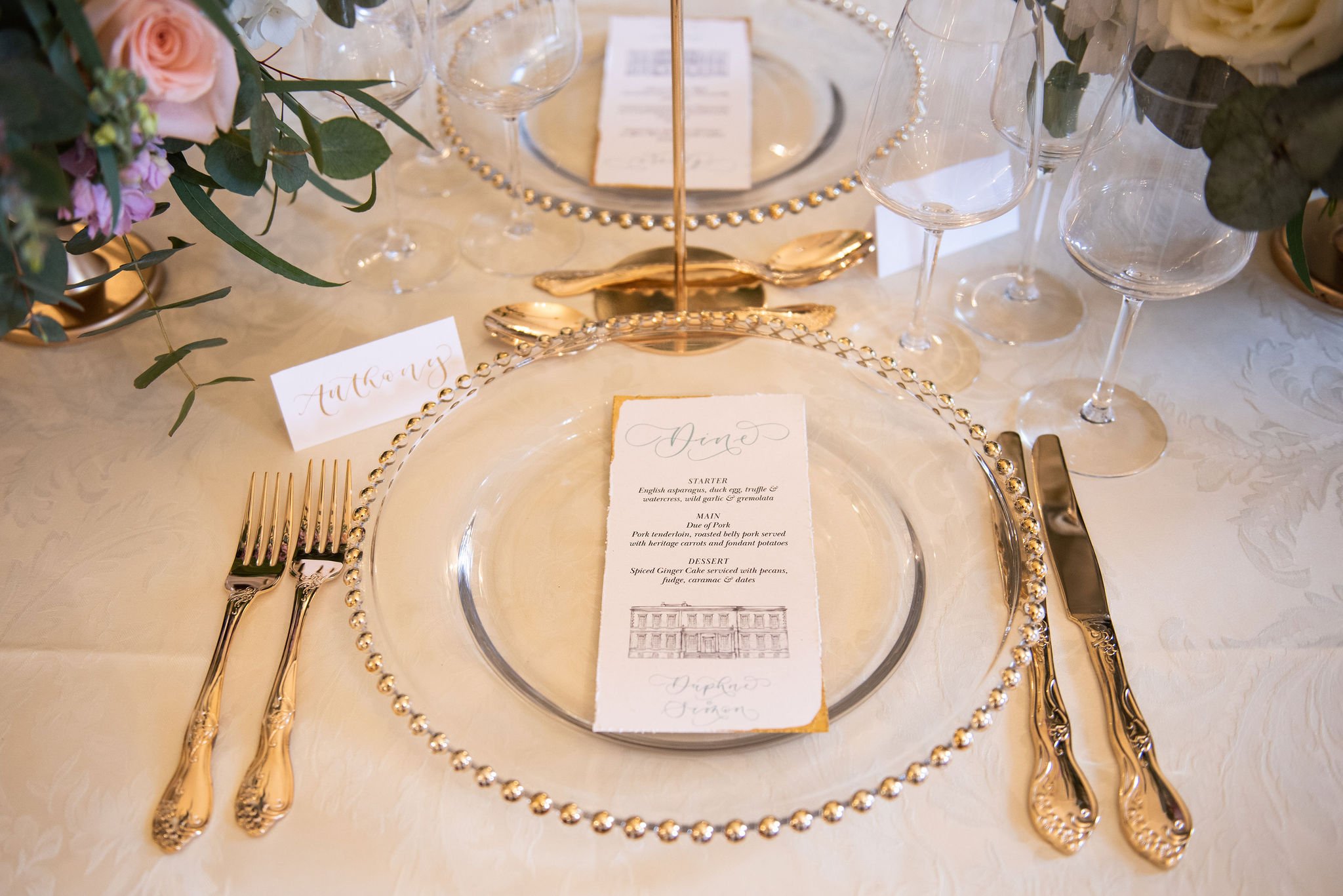Bridgerton wedding stationery Calligraphy wedding menu for buxted park wedding with callgraphy and gold calligraphy placecard by The Amyverse.jpg
