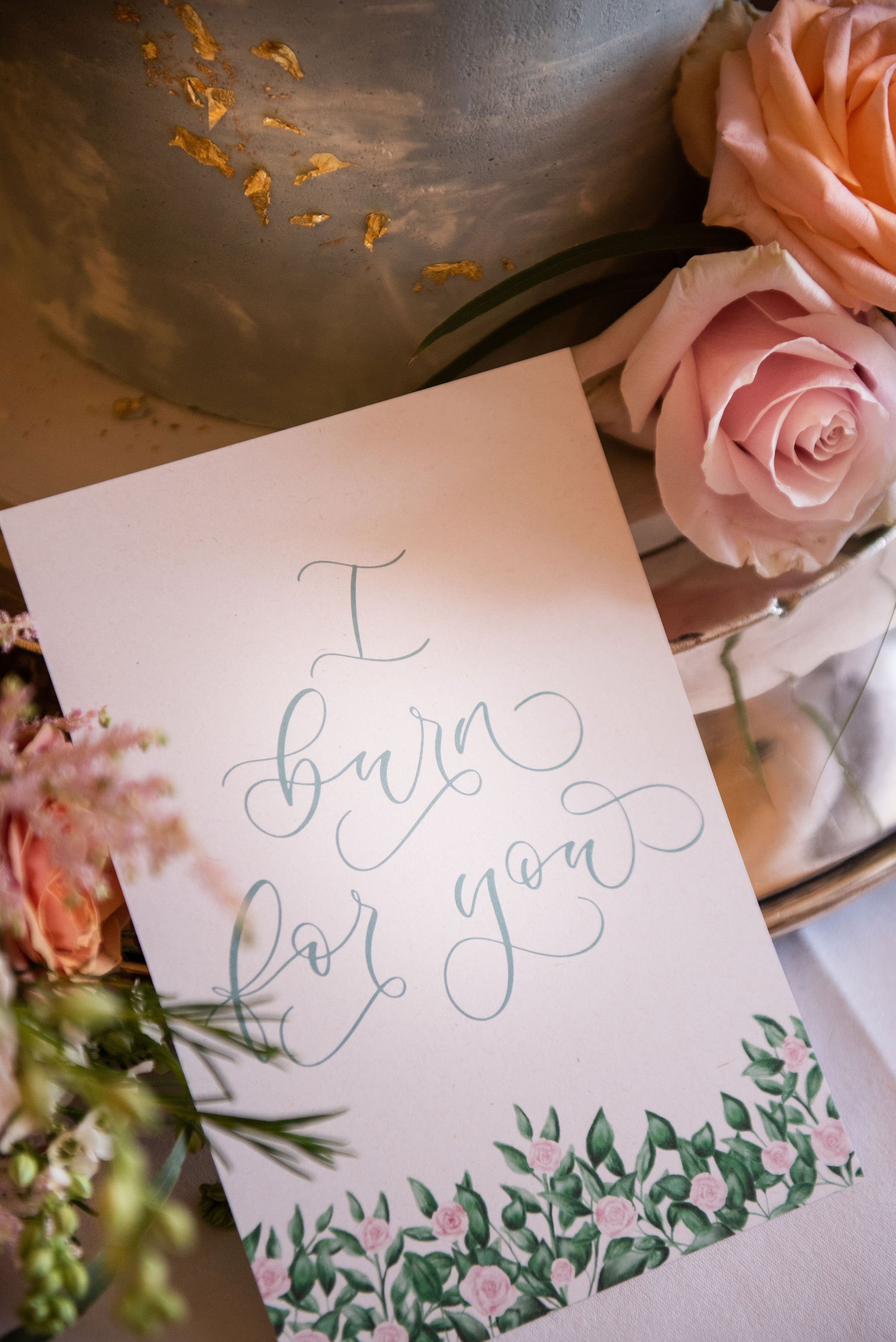 I burn for you Bridgerton wedding sign with hand lettered calligraphy and blush pink rose illustrations.jpg