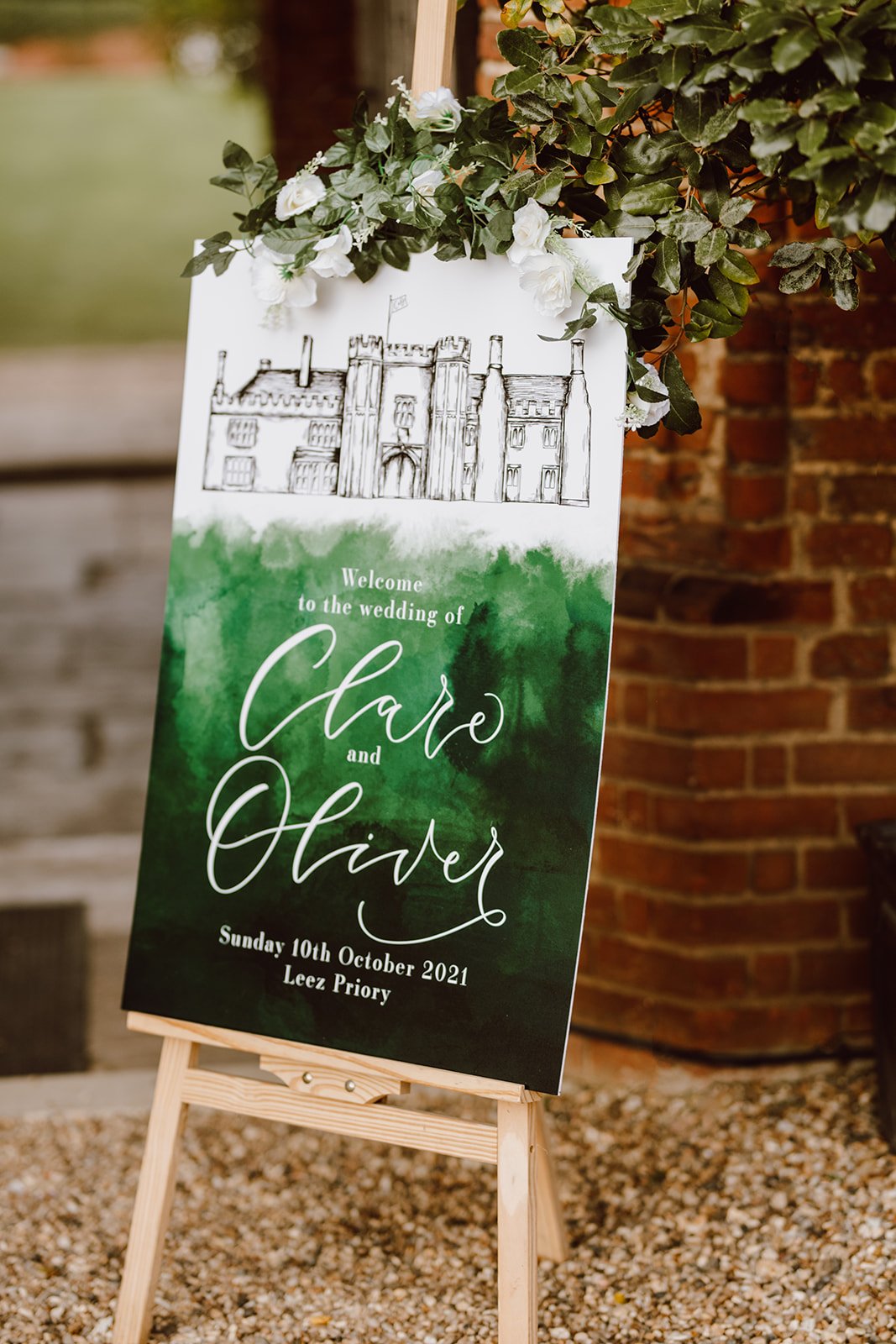 Leez priory wedding - emerald green wedding stationery - venue illustration and calligraphy wedding welcome sign by the amyverse green watercolour wedding stationery.jpg