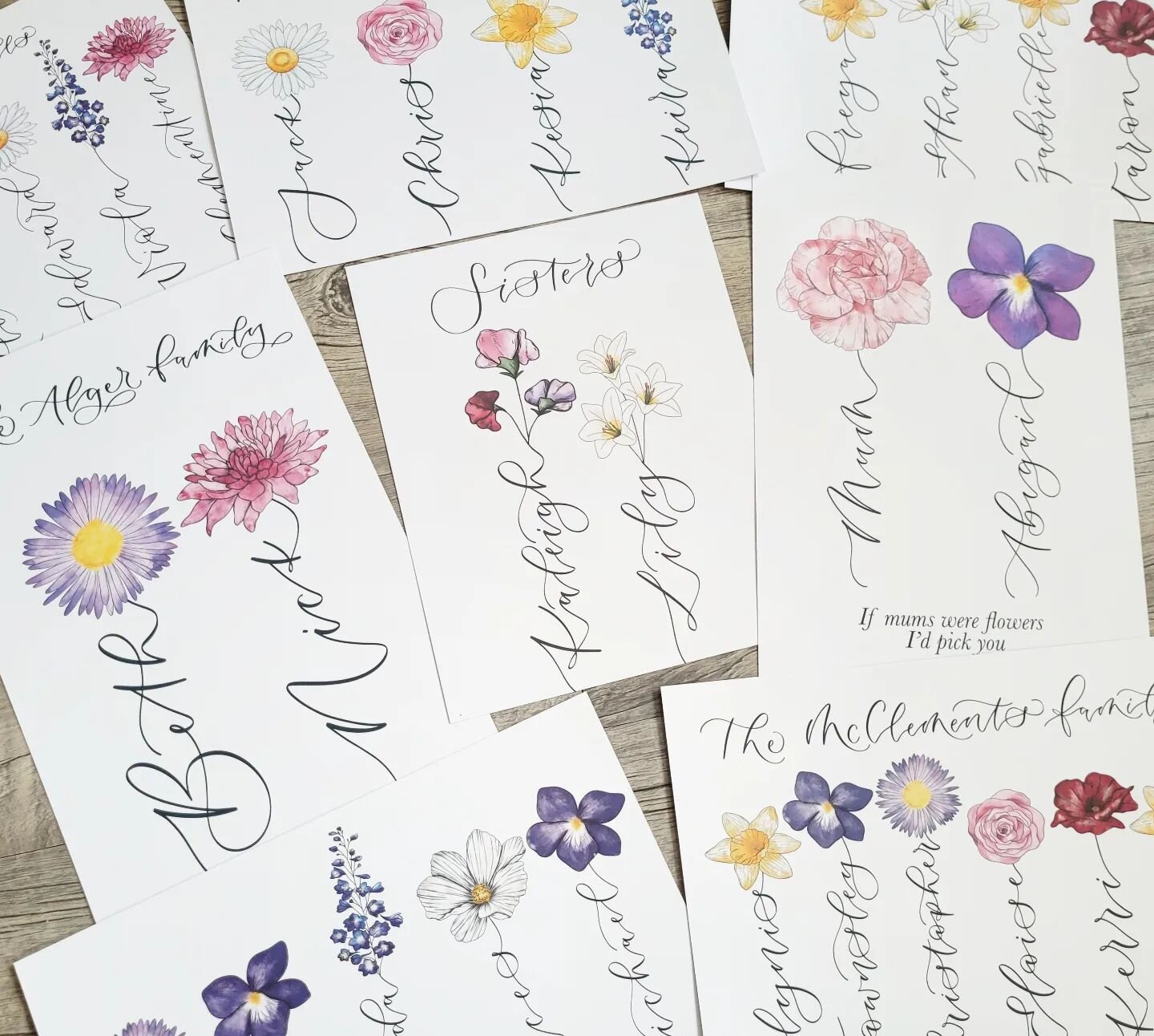 Spring is on its way and I'm surrounded by flowers.
I love turning your names into flowers and there are so many print options in my shop.
🌷 One name 
💐 Family bunch
🌹 Couples
🌸 Sisters
🌻 Best friends
🌺mother and daughter 
Each month of the yea