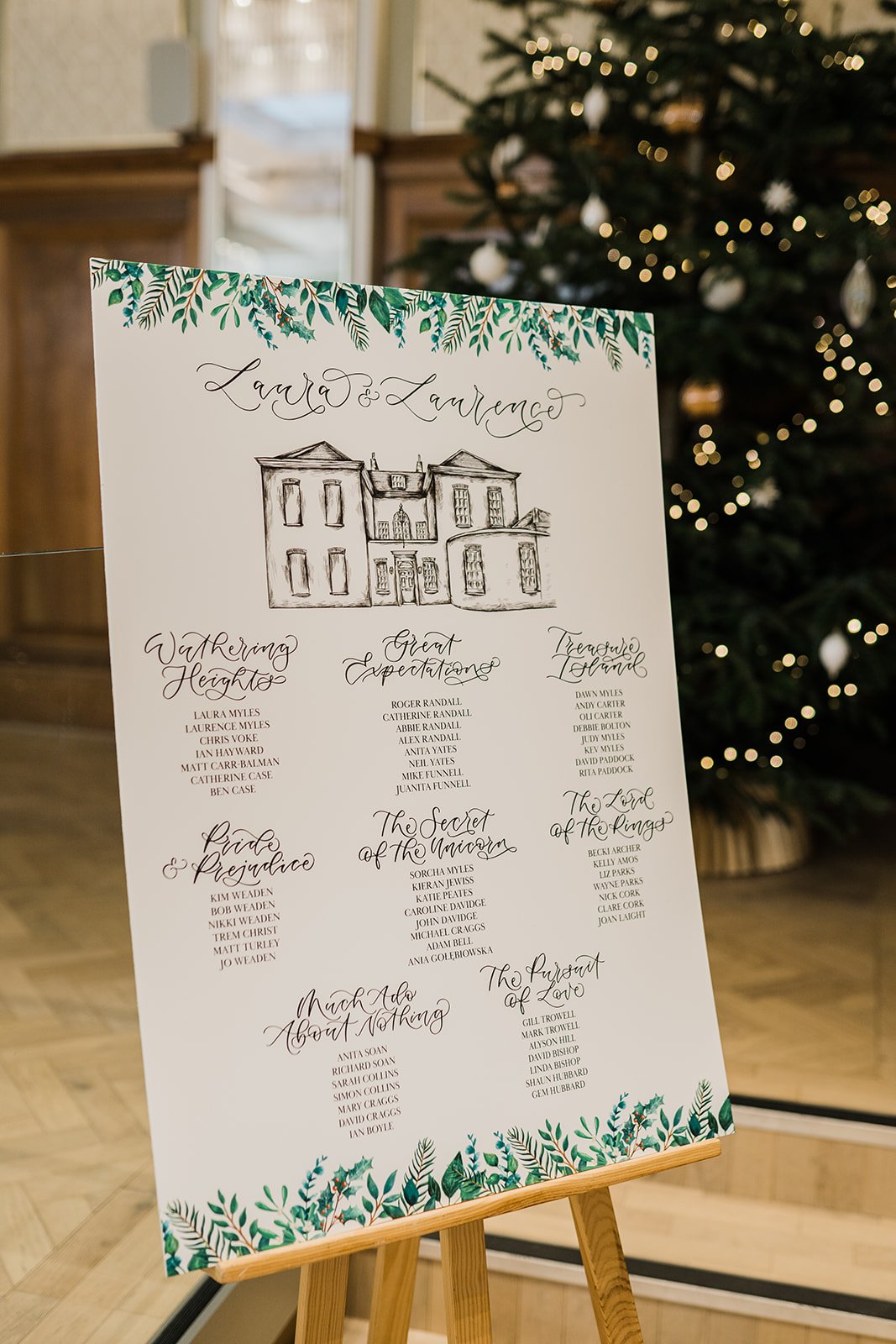 Pelham House wedding stationery - calligraphy book themed table plan with illustration of pelham house.jpg