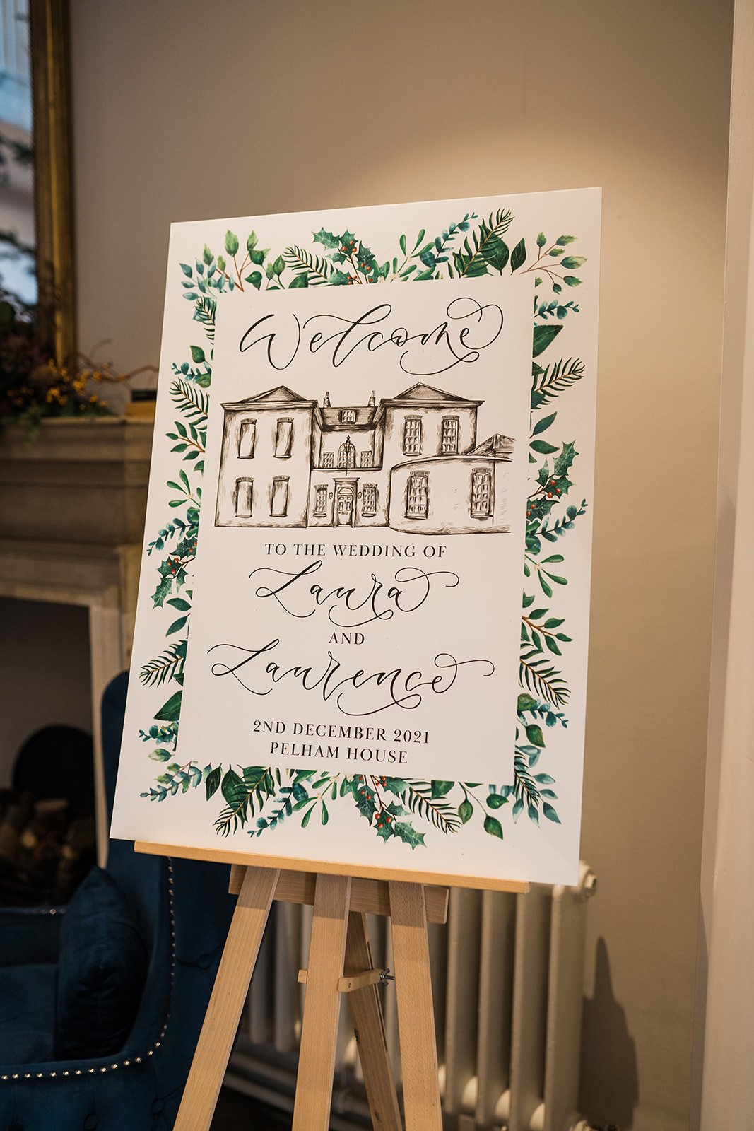 Pelham House wedding stationery - calligraphy sign - Wedding signage - Welcome sign  with illustration of pelham house.jpg