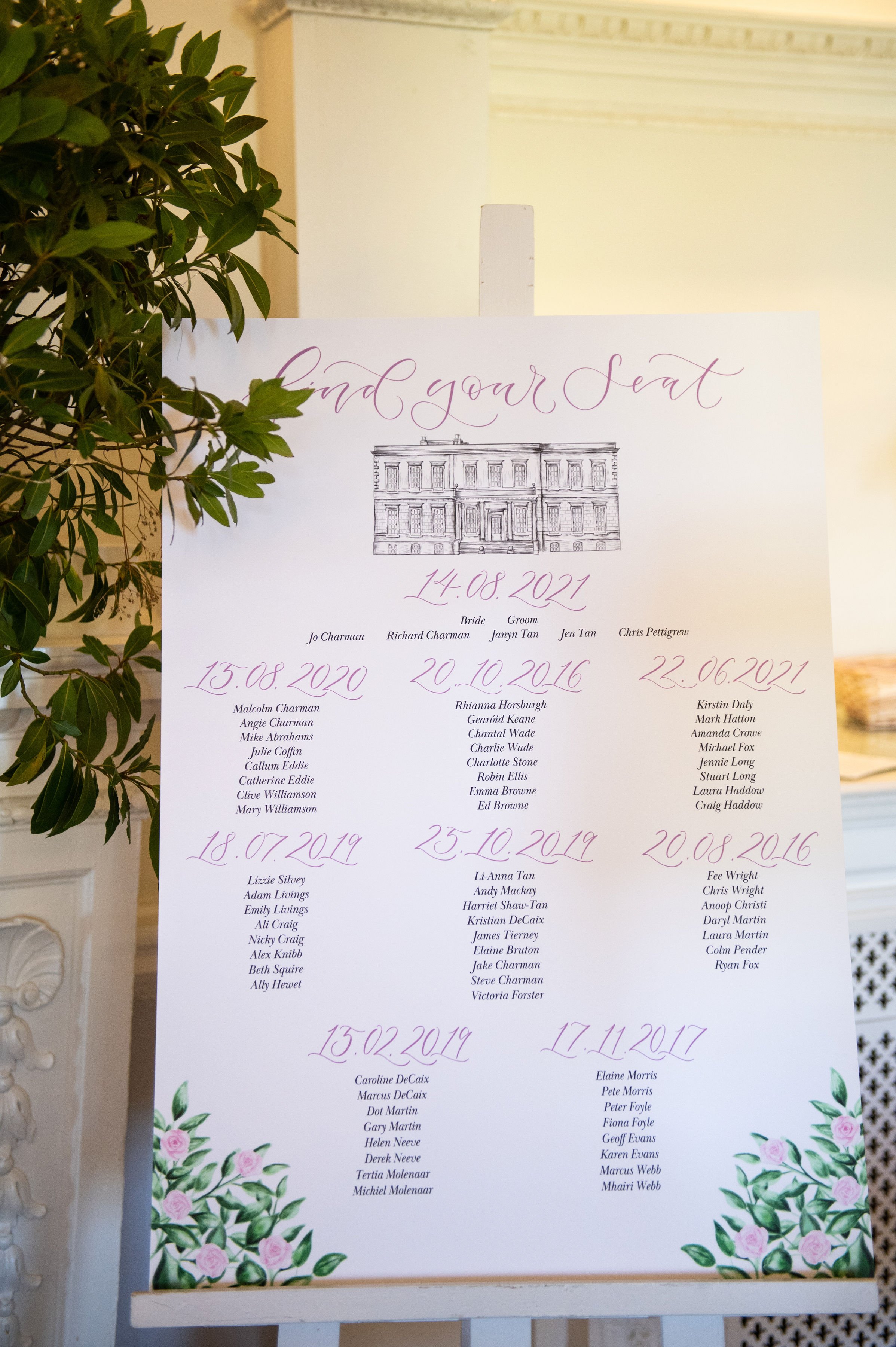 Buxted Park wedding table plan with venue drawing of buxted park and pink roses - date themed table plan - seating chart.jpg