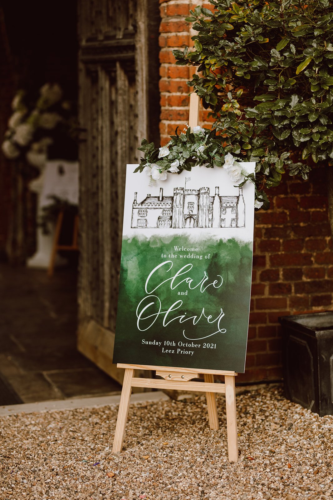 Leez Priory wedding stationery - emerald green wedding welcome sign with illustration of Leez priory and modern calligraphy.jpg