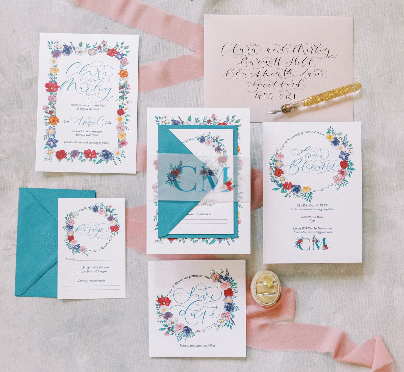Love blooms here - floral wedding invitation suite with calligraphy  envelope, details card, rsvp, save the date and evening invitation - teal and pink wedding - Designed by The Amyverse.jpg