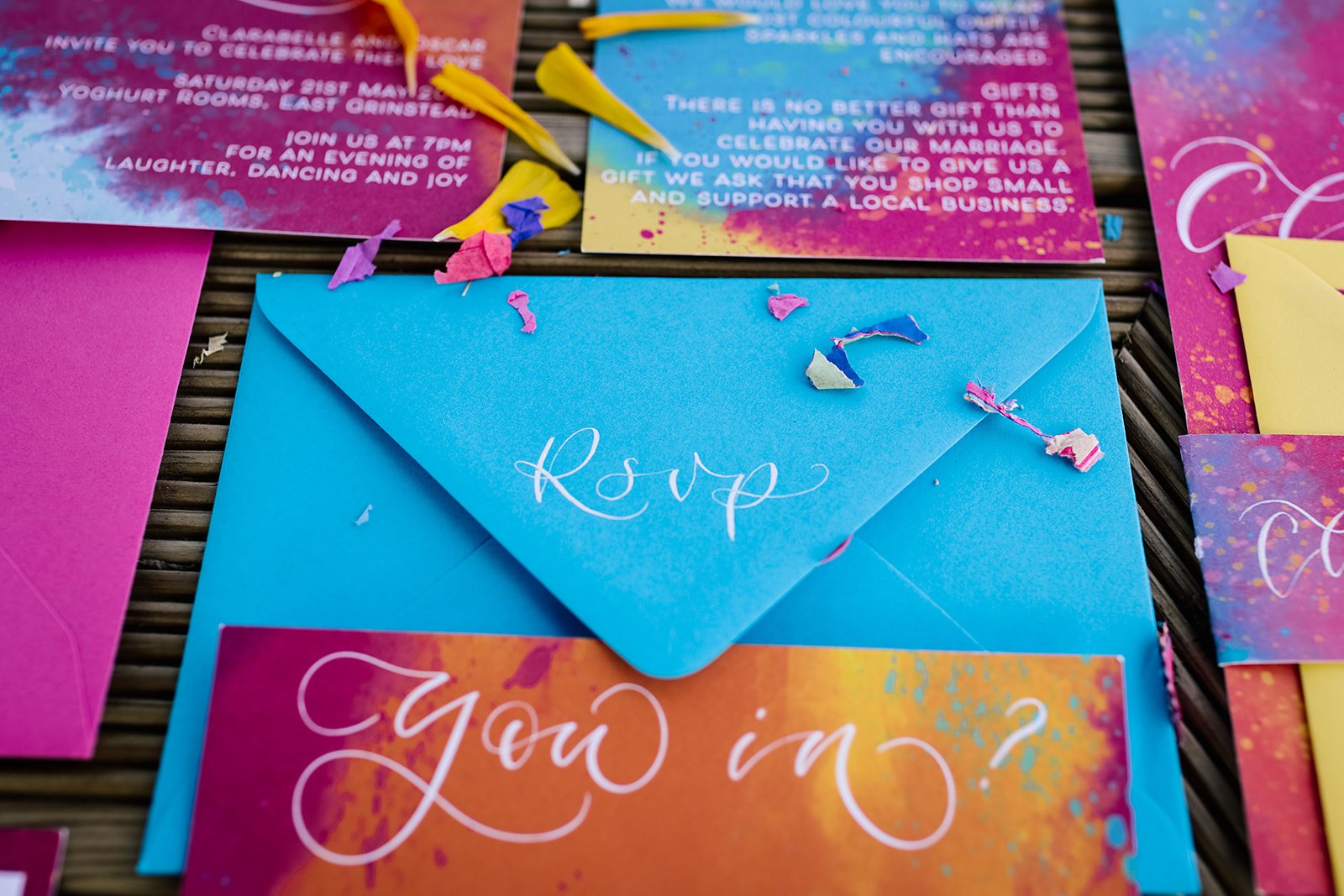Festival wedding stationery watercolour wedding stationery with hot pink orange and blue,calligraphy, custom wax seals and calligraphy envelopes rsvp card.jpg
