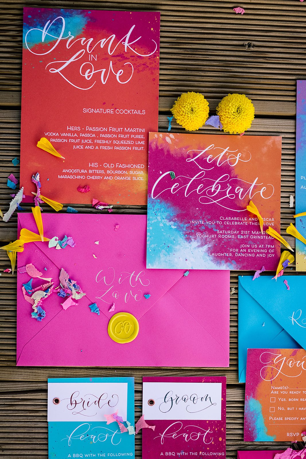 Festival wedding stationery watercolour wedding stationery with hot pink orange and blue,calligraphy, custom wax seals and calligraphy envelopes drunk in love drinks menu.jpg