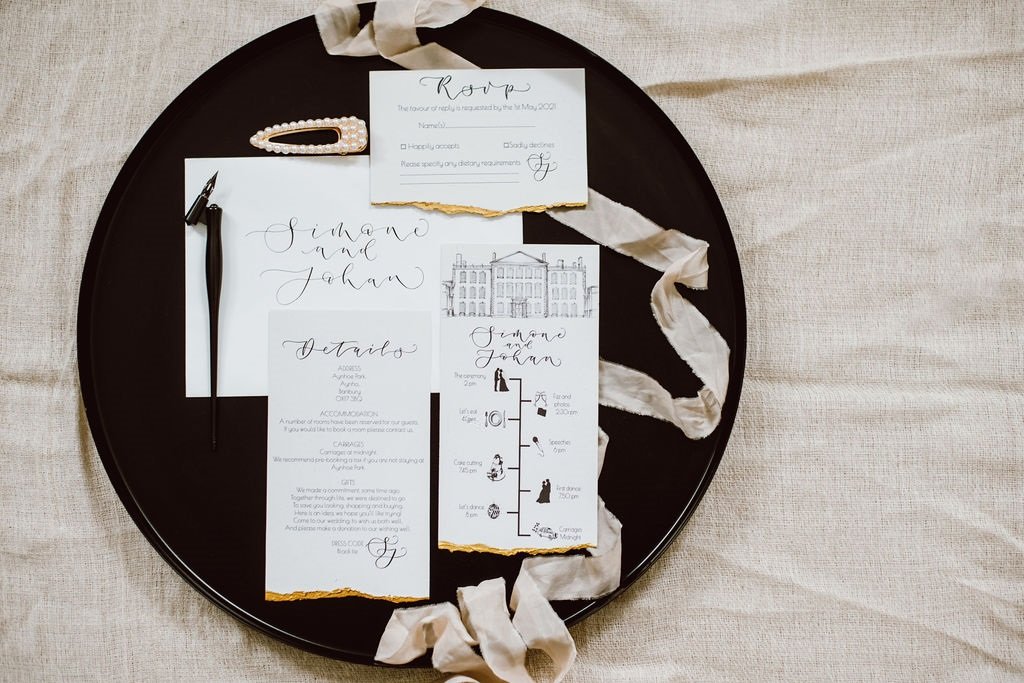 Monochrome Aynhoe Park invitation suite printed on recycled paper with gold details by The Amyverse with illustrated timeline and venue drawing.jpg